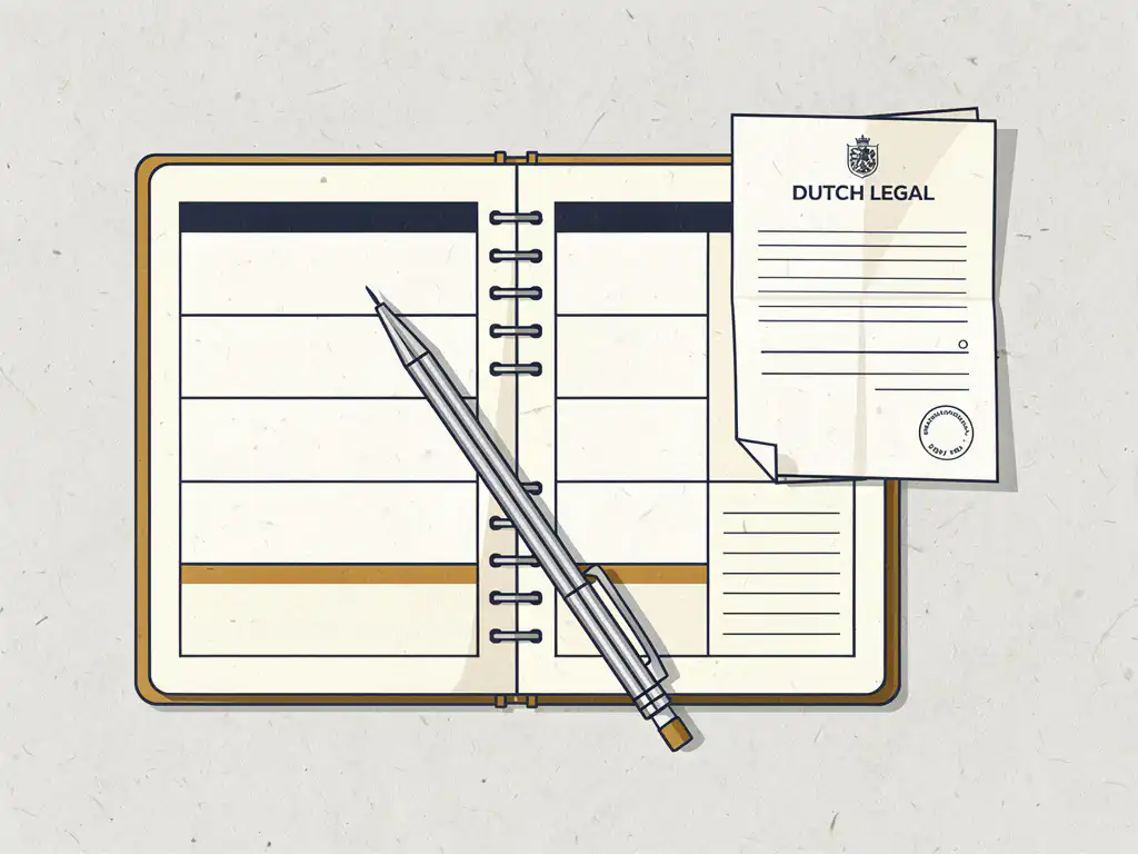 Opengeslagen planner met bijgehouden uren, mechanisch potlood en Nederlands juridisch document op minimalistisch bureau.