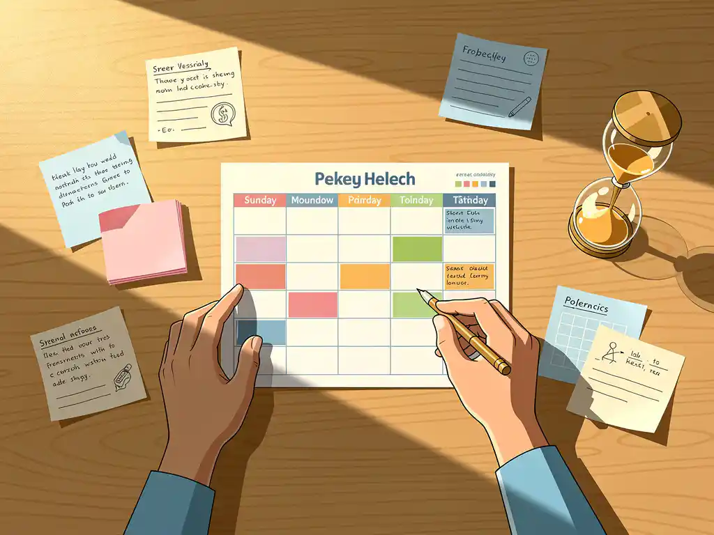 Freelancer bekijkt wekelijkse planner op houten bureau met zandloper en projectnotities in warm zonlicht.