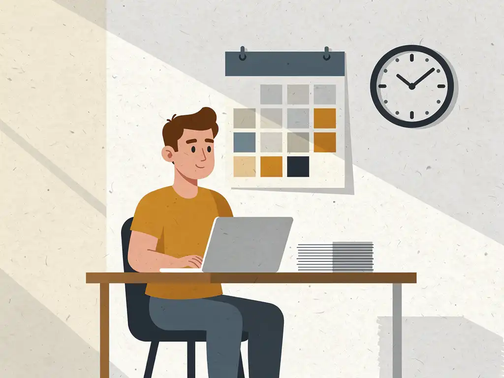Freelancer aan minimalistisch bureau met kalender aan de muur en grote klok die het verstrijken van tijd benadrukt.